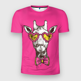 Мужская футболка 3D Slim с принтом жираф в очках в Санкт-Петербурге, 100% полиэстер с улучшенными характеристиками | приталенный силуэт, круглая горловина, широкие плечи, сужается к линии бедра | графика | животное | жираф | очки | ретро | рисунок жирафа | розовый | сердечки | солнечные очки | хипстер