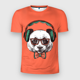 Мужская футболка 3D Slim с принтом панда меломан в Курске, 100% полиэстер с улучшенными характеристиками | приталенный силуэт, круглая горловина, широкие плечи, сужается к линии бедра | винтаж | графика | меломан | музыка | наушники | очки | панда | ретро | рисунок панды | хипстер