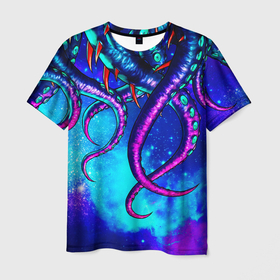 Мужская футболка 3D с принтом Щупальца в Петрозаводске, 100% полиэфир | прямой крой, круглый вырез горловины, длина до линии бедер | Тематика изображения на принте: абстракция | звезда | кальмар | космос | кракен | море | неон | океан | осьминог | под водой | подводный мир | щупальца