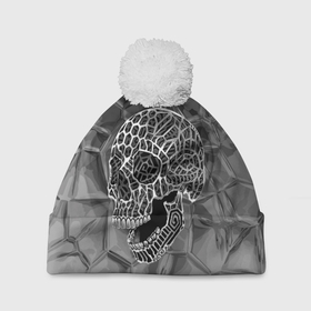 Шапка 3D c помпоном с принтом Cell skull в Петрозаводске, 100% полиэстер | универсальный размер, печать по всей поверхности изделия | cell | grin | jaw | metal | skull | teeth | зубы | металл | оскал | пасть | соты | череп