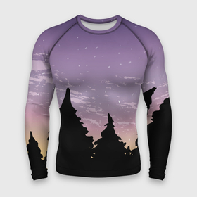 Мужской рашгард 3D с принтом Лес под ночным небом ,  |  | вечер | градиент | закат | звездное небо | звезды | лес | небо | очертание | очертание леса | сумерки | тайга | фиолетовый | черный