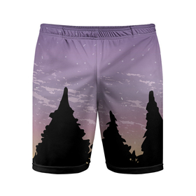 Мужские шорты спортивные с принтом Лес под ночным небом в Курске,  |  | Тематика изображения на принте: вечер | градиент | закат | звездное небо | звезды | лес | небо | очертание | очертание леса | сумерки | тайга | фиолетовый | черный