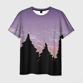 Мужская футболка 3D с принтом Лес под ночным небом в Екатеринбурге, 100% полиэфир | прямой крой, круглый вырез горловины, длина до линии бедер | Тематика изображения на принте: вечер | градиент | закат | звездное небо | звезды | лес | небо | очертание | очертание леса | сумерки | тайга | фиолетовый | черный