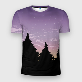 Мужская футболка 3D спортивная с принтом Лес под ночным небом в Белгороде, 100% полиэстер с улучшенными характеристиками | приталенный силуэт, круглая горловина, широкие плечи, сужается к линии бедра | вечер | градиент | закат | звездное небо | звезды | лес | небо | очертание | очертание леса | сумерки | тайга | фиолетовый | черный