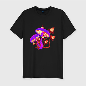 Мужская футболка хлопок Slim с принтом Грибы в Кировске, 92% хлопок, 8% лайкра | приталенный силуэт, круглый вырез ворота, длина до линии бедра, короткий рукав | грибы | желтые грибы | поганки | фиолетовые грибы | яркий принт