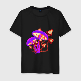 Мужская футболка хлопок с принтом Грибы в Екатеринбурге, 100% хлопок | прямой крой, круглый вырез горловины, длина до линии бедер, слегка спущенное плечо. | грибы | желтые грибы | поганки | фиолетовые грибы | яркий принт