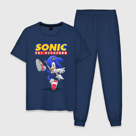 Мужская пижама хлопок с принтом Sonic the hedgehog в Петрозаводске, 100% хлопок | брюки и футболка прямого кроя, без карманов, на брюках мягкая резинка на поясе и по низу штанин
 | sega | sonic | ёж соник | сега | соник