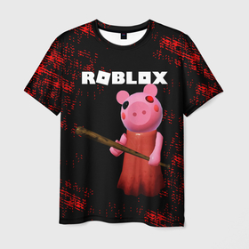 Мужская футболка 3D с принтом ROBLOX PIGGY - СВИНКА ПИГГИ в Курске, 100% полиэфир | прямой крой, круглый вырез горловины, длина до линии бедер | Тематика изображения на принте: pig | piggy | roblox | игра | компьютерная игра | логотип | онлайн | онлайн игра | пигги | поросенок | роблакс | роблокс | свинка | свинья