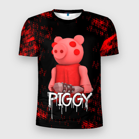 Мужская футболка 3D спортивная с принтом ROBLOX PIGGY - СВИНКА ПИГГИ в Кировске, 100% полиэстер с улучшенными характеристиками | приталенный силуэт, круглая горловина, широкие плечи, сужается к линии бедра | pig | piggy | roblox | игра | компьютерная игра | логотип | онлайн | онлайн игра | пигги | поросенок | роблакс | роблокс | свинка | свинья