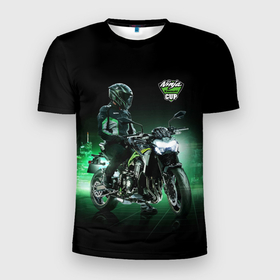 Мужская футболка 3D спортивная с принтом Kawasaki Ninja Cup в Белгороде, 100% полиэстер с улучшенными характеристиками | приталенный силуэт, круглая горловина, широкие плечи, сужается к линии бедра | cup | helmet | japan | kawasaki | motorcycle | night | ninja | racer | гонщик | кубок | мотоцикл | ночь | шлем | япония