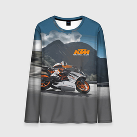 Мужской лонгслив 3D с принтом KTM Racing team в Тюмени, 100% полиэстер | длинные рукава, круглый вырез горловины, полуприлегающий силуэт | clouds | ktm | motorcycle | mountains | nature | racer | racing | route | sky | team | гонщик | горы | мотоцикл | небо | облака | природа | трасса