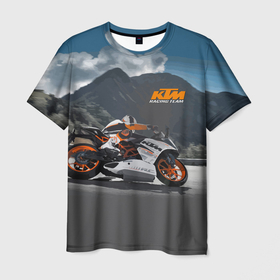 Мужская футболка 3D с принтом KTM Racing team в Санкт-Петербурге, 100% полиэфир | прямой крой, круглый вырез горловины, длина до линии бедер | clouds | ktm | motorcycle | mountains | nature | racer | racing | route | sky | team | гонщик | горы | мотоцикл | небо | облака | природа | трасса