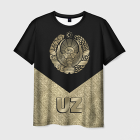 Мужская футболка 3D с принтом Узбекистан в Тюмени, 100% полиэфир | прямой крой, круглый вырез горловины, длина до линии бедер | coat of arms | cotton | crescent | eagle | ears | flag | republic | stars | sun | uzbekistan | герб | звезды | колосья | орел | полумесяц | республика | солнце | узбекистан | флаг | хлопок