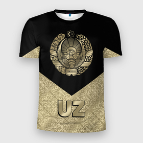 Мужская футболка 3D спортивная с принтом Узбекистан в Новосибирске, 100% полиэстер с улучшенными характеристиками | приталенный силуэт, круглая горловина, широкие плечи, сужается к линии бедра | coat of arms | cotton | crescent | eagle | ears | flag | republic | stars | sun | uzbekistan | герб | звезды | колосья | орел | полумесяц | республика | солнце | узбекистан | флаг | хлопок