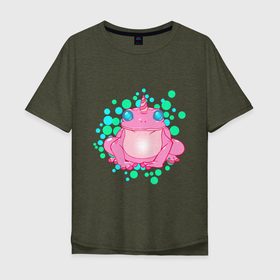 Мужская футболка хлопок Oversize с принтом Гипножаба в Санкт-Петербурге, 100% хлопок | свободный крой, круглый ворот, “спинка” длиннее передней части | Тематика изображения на принте: frog | toad | unicorn | гипноз | единорог | лягушка | няшка | пузыри