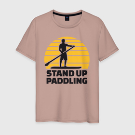 Мужская футболка хлопок с принтом Stand up paddling в Петрозаводске, 100% хлопок | прямой крой, круглый вырез горловины, длина до линии бедер, слегка спущенное плечо. | Тематика изображения на принте: serfing | sup serfing | sup серфинг | сап серфинг | серфинг