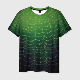 Мужская футболка 3D с принтом Паутина в лесу в Тюмени, 100% полиэфир | прямой крой, круглый вырез горловины, длина до линии бедер | Тематика изображения на принте: бусины | зеленый | капли | капли воды | лестница | паутина | раса