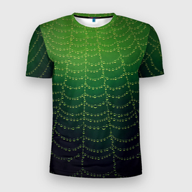 Мужская футболка 3D спортивная с принтом Паутина в лесу в Екатеринбурге, 100% полиэстер с улучшенными характеристиками | приталенный силуэт, круглая горловина, широкие плечи, сужается к линии бедра | Тематика изображения на принте: бусины | зеленый | капли | капли воды | лестница | паутина | раса