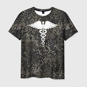 Мужская футболка 3D с принтом Кадуцей | Змеиная кожа в Тюмени, 100% полиэфир | прямой крой, круглый вырез горловины, длина до линии бедер | больница | врач | змеи | змеиная кожа | змея | знак медицины | кадуцей | медик | медицина | хирург