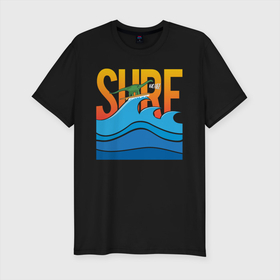 Мужская футболка хлопок Slim с принтом SURF DINO в Екатеринбурге, 92% хлопок, 8% лайкра | приталенный силуэт, круглый вырез ворота, длина до линии бедра, короткий рукав | dino | summer | surf | волны | дино | динозавр | лето | море | серфинг