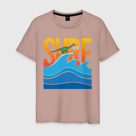 Мужская футболка хлопок с принтом SURF DINO в Петрозаводске, 100% хлопок | прямой крой, круглый вырез горловины, длина до линии бедер, слегка спущенное плечо. | dino | summer | surf | волны | дино | динозавр | лето | море | серфинг