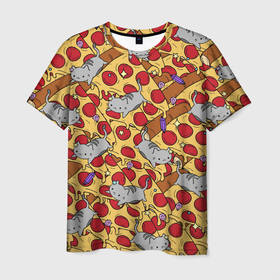 Мужская футболка 3D с принтом ПИЦЦА И КОТИКИ в Кировске, 100% полиэфир | прямой крой, круглый вырез горловины, длина до линии бедер | Тематика изображения на принте: animal | cat | cute | pet | животное | кавай | киса | кот | котэ | милое | пицца