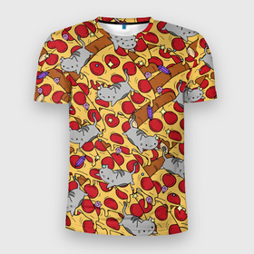 Мужская футболка 3D Slim с принтом ПИЦЦА И КОТИКИ , 100% полиэстер с улучшенными характеристиками | приталенный силуэт, круглая горловина, широкие плечи, сужается к линии бедра | animal | cat | cute | pet | животное | кавай | киса | кот | котэ | милое | пицца