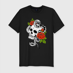 Мужская футболка хлопок Slim с принтом Череп, розы и змея , 92% хлопок, 8% лайкра | приталенный силуэт, круглый вырез ворота, длина до линии бедра, короткий рукав | rose | skull | snake | змей | змейка | змея | роза | розочка | розы | цветы | череп | черепок | черепушка