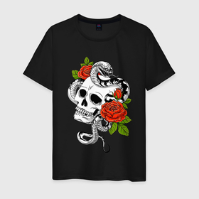 Мужская футболка хлопок с принтом Череп, розы и змея в Санкт-Петербурге, 100% хлопок | прямой крой, круглый вырез горловины, длина до линии бедер, слегка спущенное плечо. | rose | skull | snake | змей | змейка | змея | роза | розочка | розы | цветы | череп | черепок | черепушка