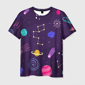 Мужская футболка 3D с принтом Космический пейзаж в Санкт-Петербурге, 100% полиэфир | прямой крой, круглый вырез горловины, длина до линии бедер | Тематика изображения на принте: космос | неоновые | пейзажи | планеты