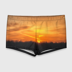 Мужские купальные плавки 3D с принтом Закат , Полиэстер 85%, Спандекс 15% |  | закат | лес | небо | оранжевый | природа | солнце | черный и оранжевый