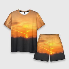 Мужской костюм с шортами 3D с принтом Закат в Санкт-Петербурге,  |  | закат | лес | небо | оранжевый | природа | солнце | черный и оранжевый