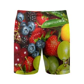 Мужские шорты спортивные с принтом Фруктовый рай ,  |  | виноград | ежевика | клубника | лимон | смородина