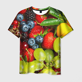 Мужская футболка 3D с принтом Фруктовый рай в Петрозаводске, 100% полиэфир | прямой крой, круглый вырез горловины, длина до линии бедер | виноград | ежевика | клубника | лимон | смородина