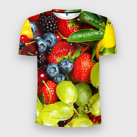 Мужская футболка 3D спортивная с принтом Фруктовый рай в Кировске, 100% полиэстер с улучшенными характеристиками | приталенный силуэт, круглая горловина, широкие плечи, сужается к линии бедра | виноград | ежевика | клубника | лимон | смородина