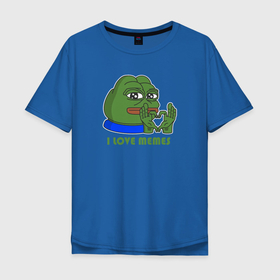 Мужская футболка хлопок Oversize с принтом Я люблю мемы! в Тюмени, 100% хлопок | свободный крой, круглый ворот, “спинка” длиннее передней части | Тематика изображения на принте: люблюмемы | лягушка | мем | мемы | пепе