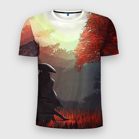 Мужская футболка 3D Slim с принтом Самурай в Белгороде, 100% полиэстер с улучшенными характеристиками | приталенный силуэт, круглая горловина, широкие плечи, сужается к линии бедра | Тематика изображения на принте: autumn | samurai | осень | пейзаж | самурай