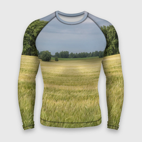 Мужской рашгард 3D с принтом Пшеничное поле в Екатеринбурге,  |  | деревья | колоски | поле | природа | пшеница | растения