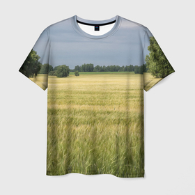 Мужская футболка 3D с принтом Пшеничное поле в Санкт-Петербурге, 100% полиэфир | прямой крой, круглый вырез горловины, длина до линии бедер | деревья | колоски | поле | природа | пшеница | растения