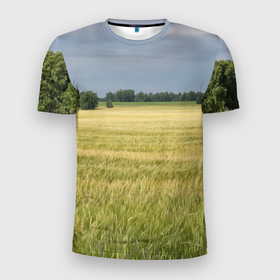 Мужская футболка 3D спортивная с принтом Пшеничное поле в Кировске, 100% полиэстер с улучшенными характеристиками | приталенный силуэт, круглая горловина, широкие плечи, сужается к линии бедра | деревья | колоски | поле | природа | пшеница | растения