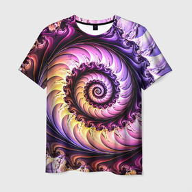 Мужская футболка 3D с принтом Спираль улитки в Белгороде, 100% полиэфир | прямой крой, круглый вырез горловины, длина до линии бедер | волна | волны | желтый | раковина улитки | розовый | синий | спираль | улитка | фиолетовый