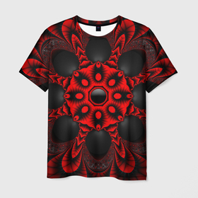 Мужская футболка 3D с принтом Красный цветок в Тюмени, 100% полиэфир | прямой крой, круглый вырез горловины, длина до линии бедер | драгоценные камни | драгоценный камень | красный | неон | тёмный | цветок | черный