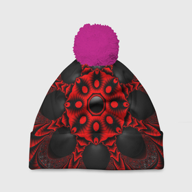 Шапка 3D c помпоном с принтом Красный цветок в Санкт-Петербурге, 100% полиэстер | универсальный размер, печать по всей поверхности изделия | драгоценные камни | драгоценный камень | красный | неон | тёмный | цветок | черный