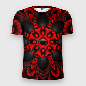 Мужская футболка 3D Slim с принтом Красный цветок в Новосибирске, 100% полиэстер с улучшенными характеристиками | приталенный силуэт, круглая горловина, широкие плечи, сужается к линии бедра | драгоценные камни | драгоценный камень | красный | неон | тёмный | цветок | черный