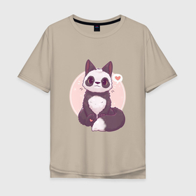 Мужская футболка хлопок Oversize с принтом Лисья панда , 100% хлопок | свободный крой, круглый ворот, “спинка” длиннее передней части | Тематика изображения на принте: арт | белый | лиса | любовь | мило | милота | мимишка | панда | рисунок | сердце | чёрно белый | чёрный