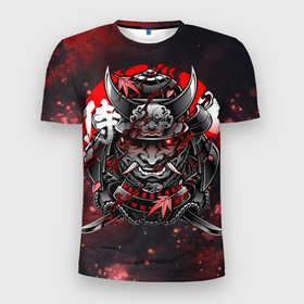 Мужская футболка 3D Slim с принтом Samurai в Тюмени, 100% полиэстер с улучшенными характеристиками | приталенный силуэт, круглая горловина, широкие плечи, сужается к линии бедра | demons | game | ghost of tsushima | japan | samurai