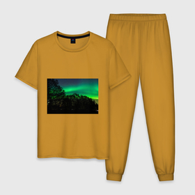 Мужская пижама хлопок с принтом Северное сияние , 100% хлопок | брюки и футболка прямого кроя, без карманов, на брюках мягкая резинка на поясе и по низу штанин
 | звездное небо | лес | пейзаж. | северное сияние