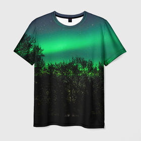 Мужская футболка 3D с принтом Северное сияние в Кировске, 100% полиэфир | прямой крой, круглый вырез горловины, длина до линии бедер | Тематика изображения на принте: звездное небо | лес | пейзаж. | северное сияние