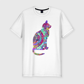 Мужская футболка хлопок Slim с принтом красочная кошка в Петрозаводске, 92% хлопок, 8% лайкра | приталенный силуэт, круглый вырез ворота, длина до линии бедра, короткий рукав | желтый | зеленый | красный | фиолетовый