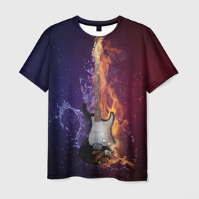 Мужская футболка 3D с принтом Гитара огня , 100% полиэфир | прямой крой, круглый вырез горловины, длина до линии бедер | Тематика изображения на принте: fire guitar | jazz | rock | гитара огня | раскаленная гитара